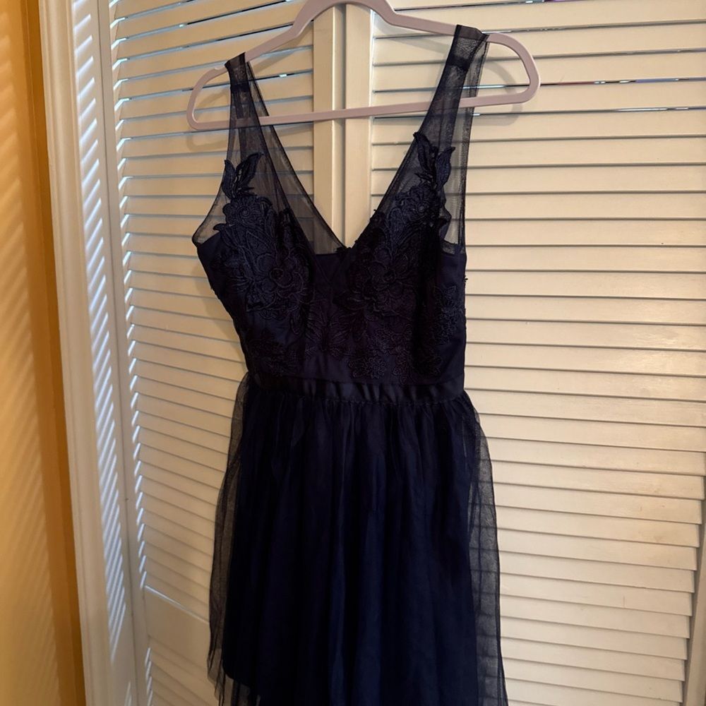 PromGirl Navy Blue appliqué and tulle Mesh Dress